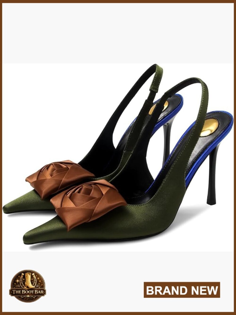 Women's Pointed Toe Satin Slingback Stiletto Heel Pumps with Flower